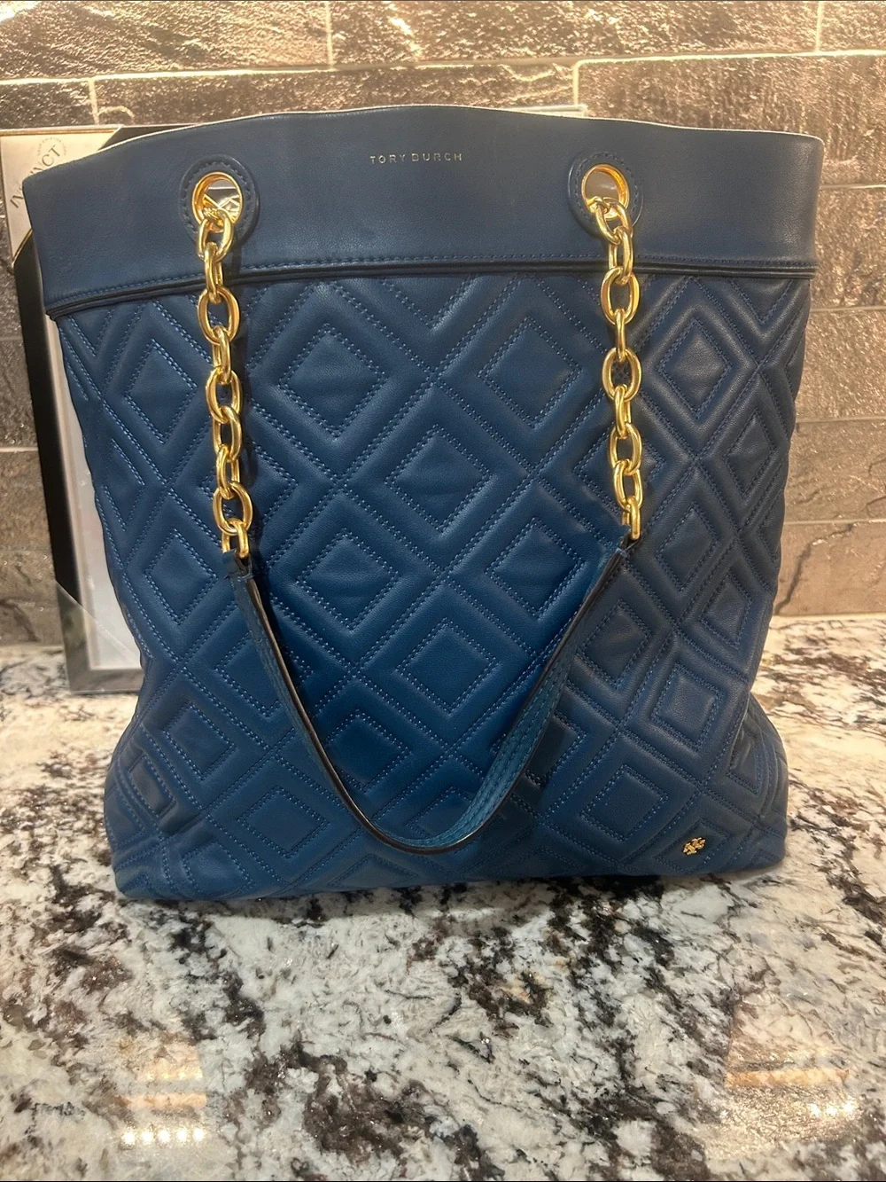 Tory Burch Quilted Navy Leather Tote with Gold Chain Handles GUC